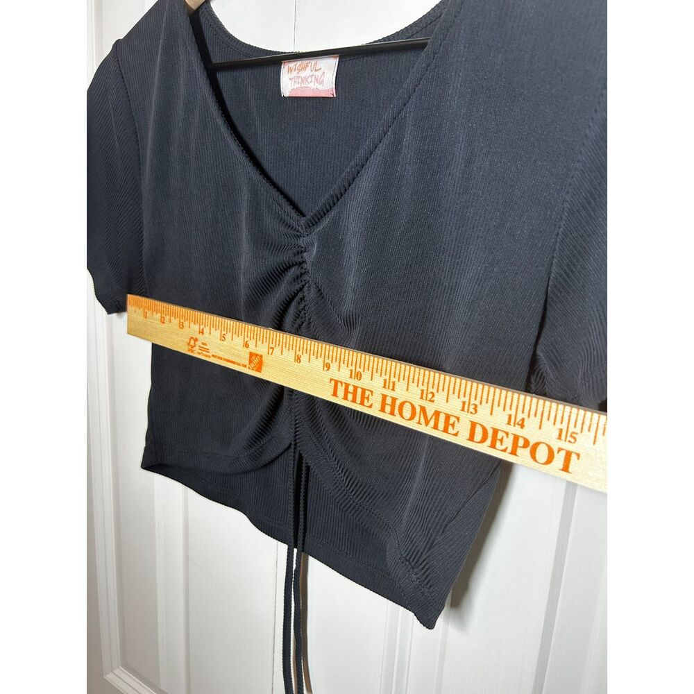 Wishful Thinking Black Ribbed Ruched Drawstring Crop Top V-Neck - Picture 3 of 5